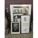 Three framed and glazed prints depicting dogs, etc