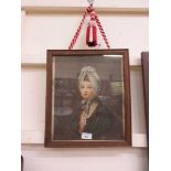 An oak framed and glazed artwork of young girl with blue ribbon hat