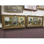 A pair of framed and glazed displays of three oils depicting countryside and seaside scenes