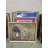 Five framed artworks to include limited edition print by Ian Cook, watercolour of church interior,