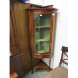 An Edwardian mahogany, marquetry and satinwood banded floor standing corner display cabinet