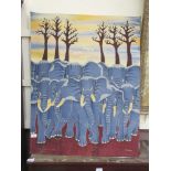 An African screen print of elephants signed Soepry