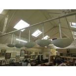 Five white enamelled ceiling hanging light fittings