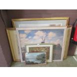 Five framed artworks to include prints, countryside scenes, etc