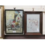 A framed and glazed oil on figures with donkey along with a print of figures