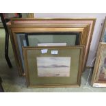 Five framed and glazed artworks to include watercolour of beach, watercolour of buildings, etc