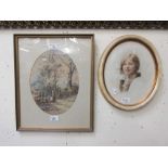 An oval framed coloured photograph of young girl together with a framed and glazed possible