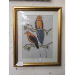 A framed and glazed oriental painting on silk of birds on branches