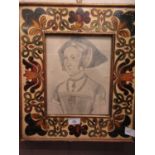 After Holbein, a portait of young lady with hat, framed and glazed in a hand painted frame