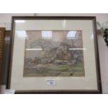 A framed and glazed watercolour of farmyard scene