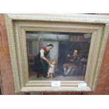 A gilt framed oleograph of an 18th century interior scene