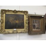 Two artworks in gilt frames of interior scene and stately home