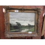 A gilt framed oil on board of river scene, indistinctly signed bottom right