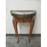 A reproduction French marble topped demi lune side table, the galleried top over single drawer on