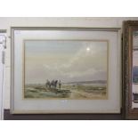A framed and glazed watercolour of horses and figures on beach scene signed Ashton Cannell