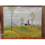 An unframed oil on board of rolling country scene signed Emile Branchard