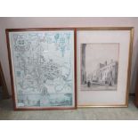 A framed and glazed monochrome print of Brasenose College along with a map