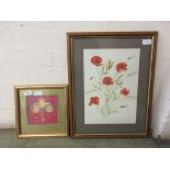 A framed and glazed watercolour of poppies along with one other