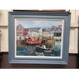 A framed oil on board of harbour scene signed bottom left