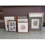 A collection of framed and glazed artworks depicting monkeys to include needle works, oriental etc.