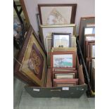 A tray containing a quantity of framed and glazed prints, artworks to include oriental etc.