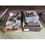 Two trays containing hand tools, screws, wheels, etc