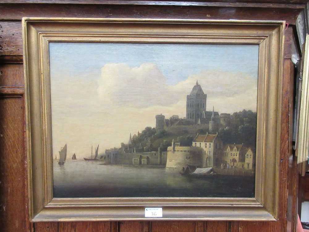 A framed oil on canvas of harbour scene