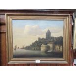 A framed oil on canvas of harbour scene