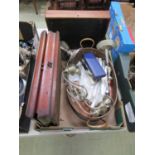 A tray of assorted metalware, carving sets, candle stick etc.