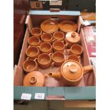 A tray of Denby brown glazed teacups, teapot, sugar bowl, saucers, etc