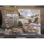 An unframed silver coloured picture depicting house by river scene marked to bottom right 'Arg.925'