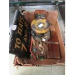 A box containing a selection of items to include clock, stands, wooden painted plaque, etc