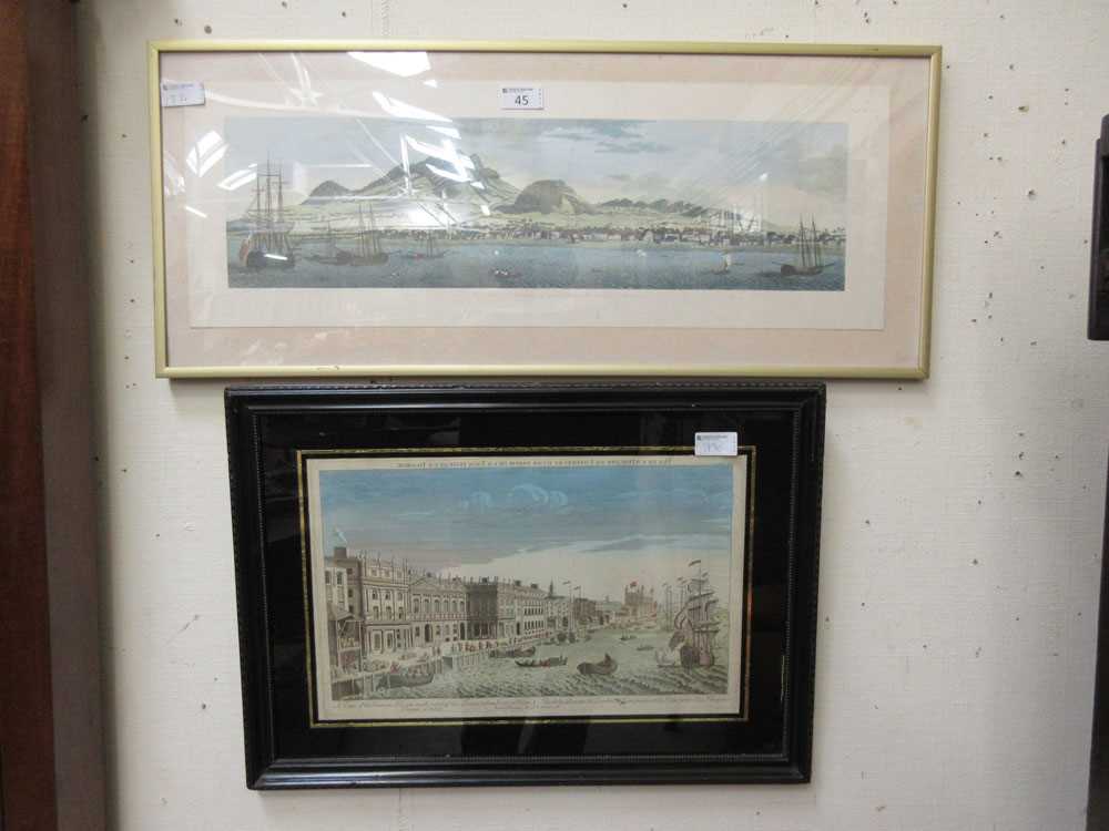 Two framed and glazed prints depicting sailing vessels by towns