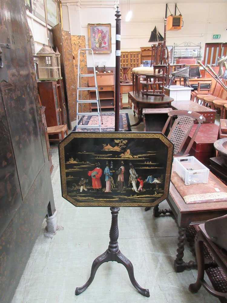 A 18th century and later pole screen with lacquered panel depicting eastern figures