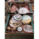Two trays of collector's plates, glass Queen Victoria Jubilee plate, figurines etc.