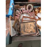 A tray containing a quantity of mantle clocks, wall clocks, prints etc.