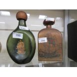 Two coloured glass spirit bottles with painted galleon design (A/F)