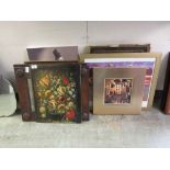 A collection of framed and unframed artworks to include oil on board, hunting prints etc.