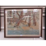 A framed and glazed print of snowy woodland scene bearing a signature of krishitzkyTo gauge if