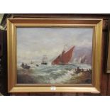 A framed oil on canvas of sailing vessels