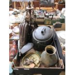 A tray of assorted metalware to include cook pot, fireside companions, shoe lasts, etc