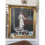 A gilt framed oil on board of lady feeding chickens signed Simpson