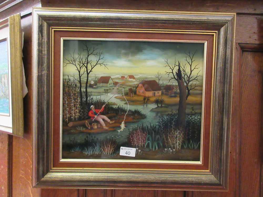 A framed reserved painting on glass of fishermen signed Seles dated 1981