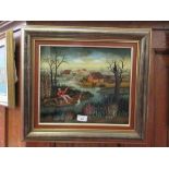 A framed reserved painting on glass of fishermen signed Seles dated 1981