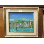 A framed oil on canvas of a stylized Garden of Eden signed Fallster