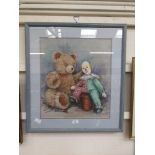 A framed and glazed possible pastel of teddy bear and clown
