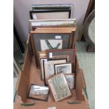 A tray containing framed and glazed and unframed oils and prints on various subjects to include