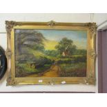 An ornate gilt framed oil of country lane scene signed MillerDimensions: H, 64cm , W, 90cm.