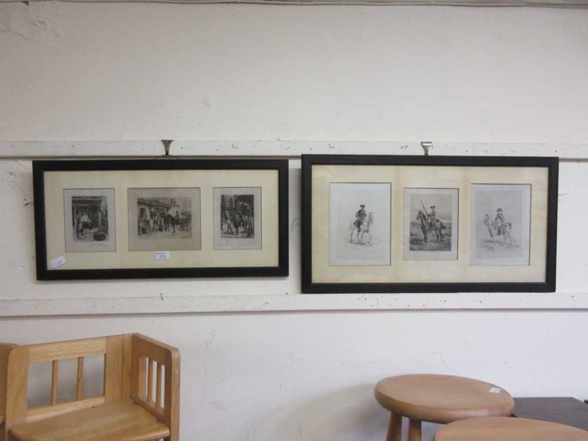Two framed and glazed artworks of collections of sketches of horsemen