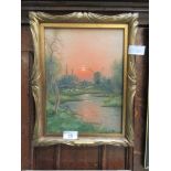 A gilt framed oil of windmill scene signed Christiansen